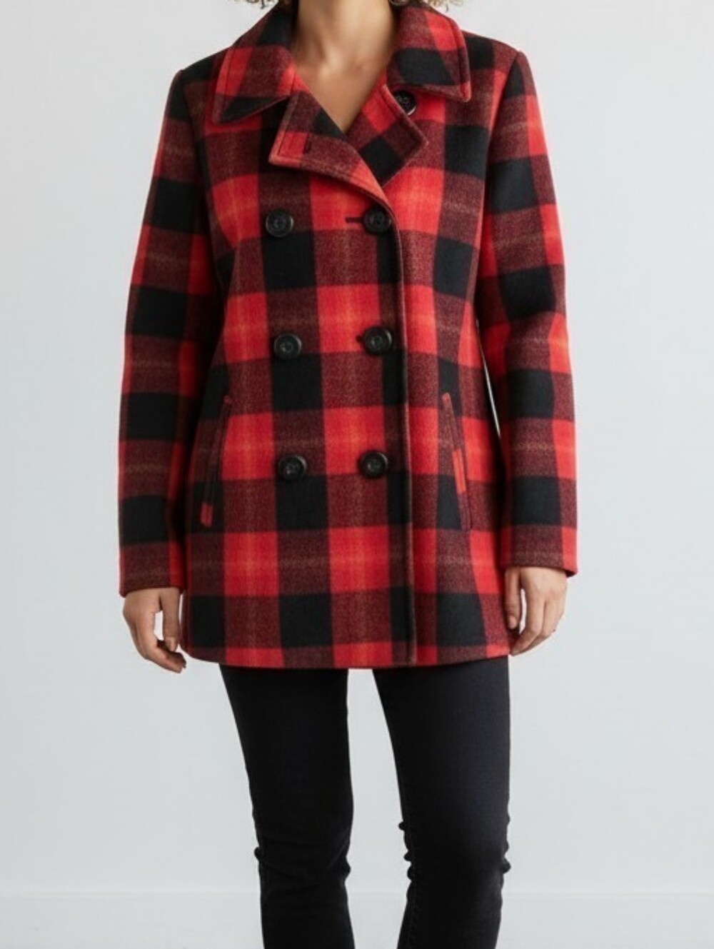 Old Navy Red and Black Plaid Double-Breasted Peacoat S